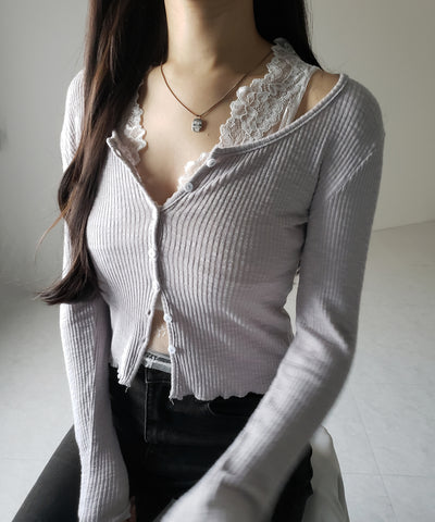 【 ２点セット 】レイヤードレースシアーリブカットソーカーディガン ／ layered lace sheer rib cut and sew cardigan