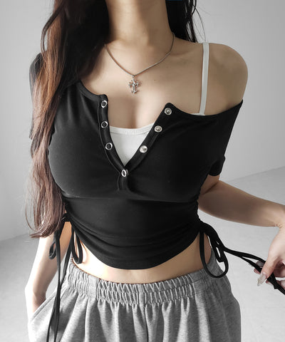 【 ２点セット 】ヘンリーネックサイドリボン半袖ぴちＴシャツ ／ Henley neck side ribbon short-sleeve pichi T-shirt