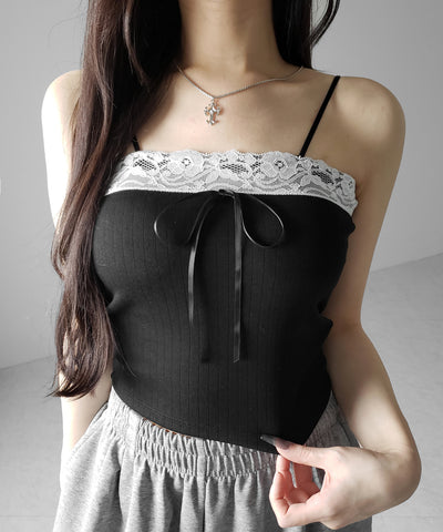 フロントリボンレースショートキャミソール ／ front ribbon lace short camisole