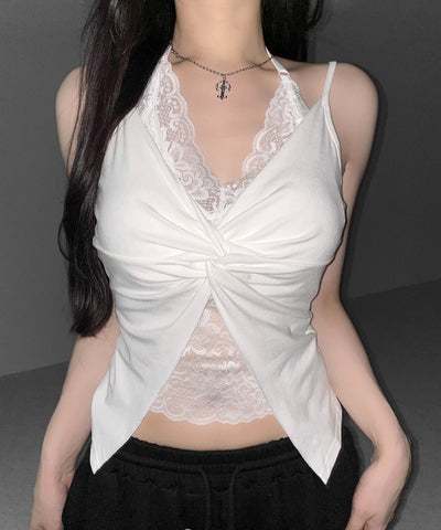 レースレイヤードクロスデザインキャミソール ／ lace layered cross design camisole