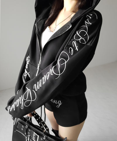 【 セットアップ 】レタリングロゴ刺繍ジップアップパーカー＆ショートパンツ ／ lettering logo embroidery zip-up hoodie ＆ short pants SETUP