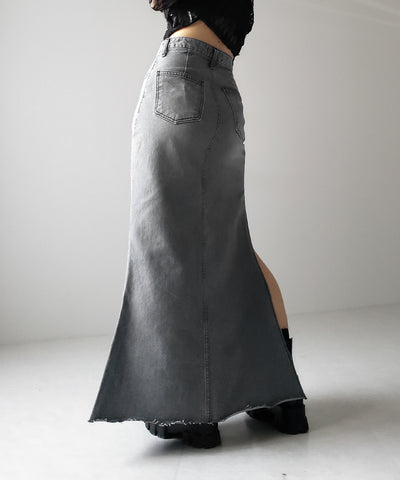【 ３size 】深スリットダメージデニムロングマーメイドスカート ／ deep slit damage denim long mermaid skirt