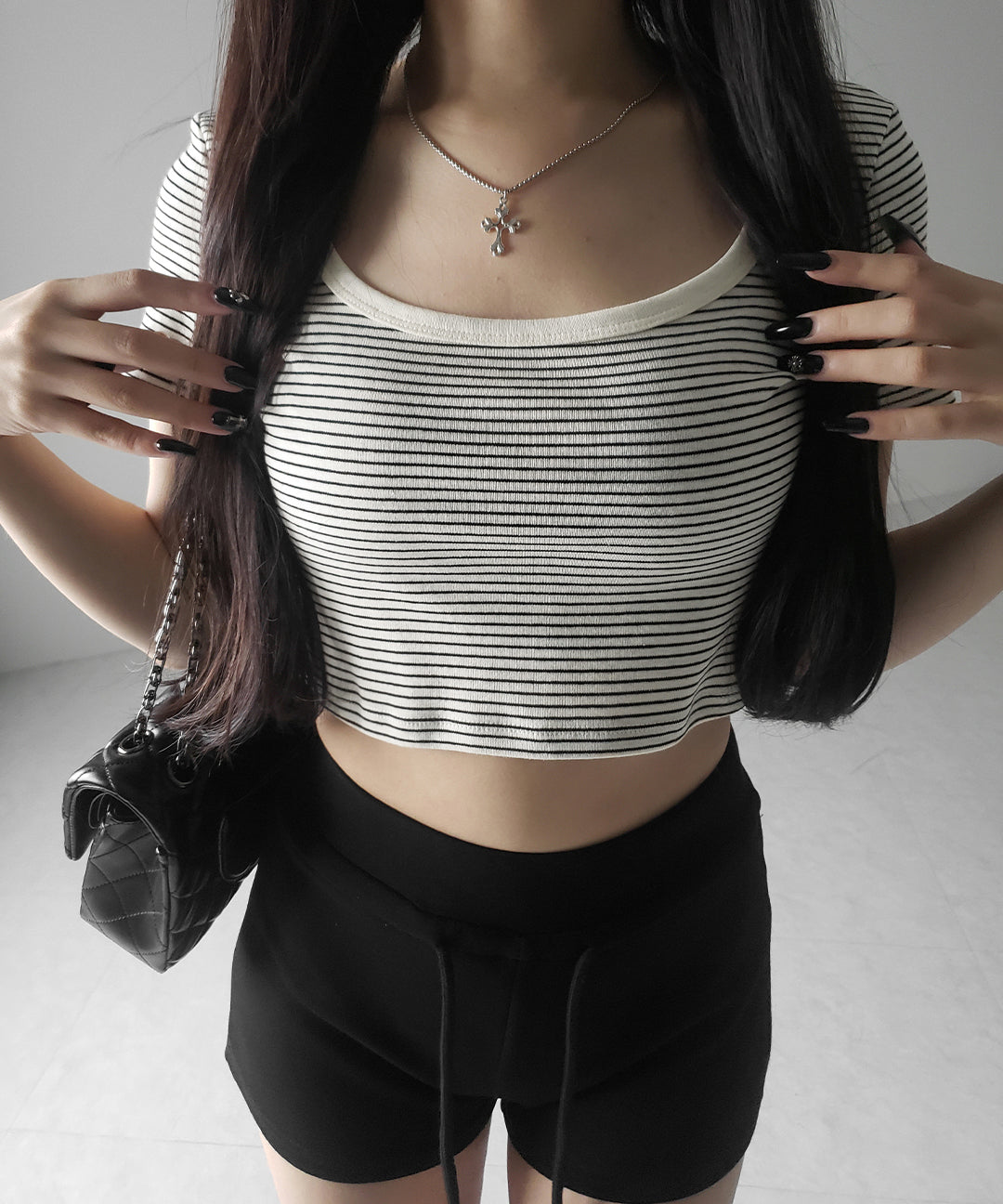 【 ２color 】ピンボーダースクエアネックショートＴシャツ ／ pin border square neck short T-shirt