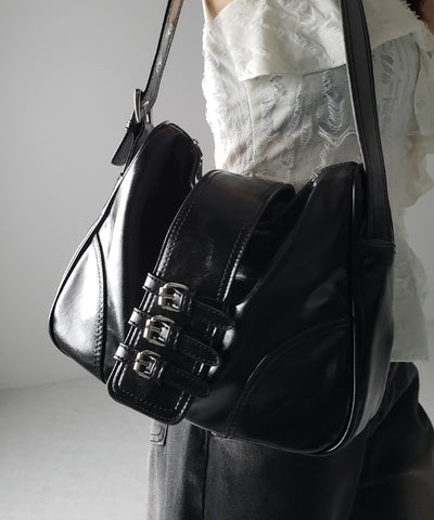 【 ３color 】ベルテッドフェイクレザーショルダーバッグ ／ belted fake leather shoulder bag