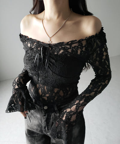 【 ２color ／２WAY 】フロントリボンオフショルスリムレーストップス ／ front ribbon off-shoulder slim lace tops