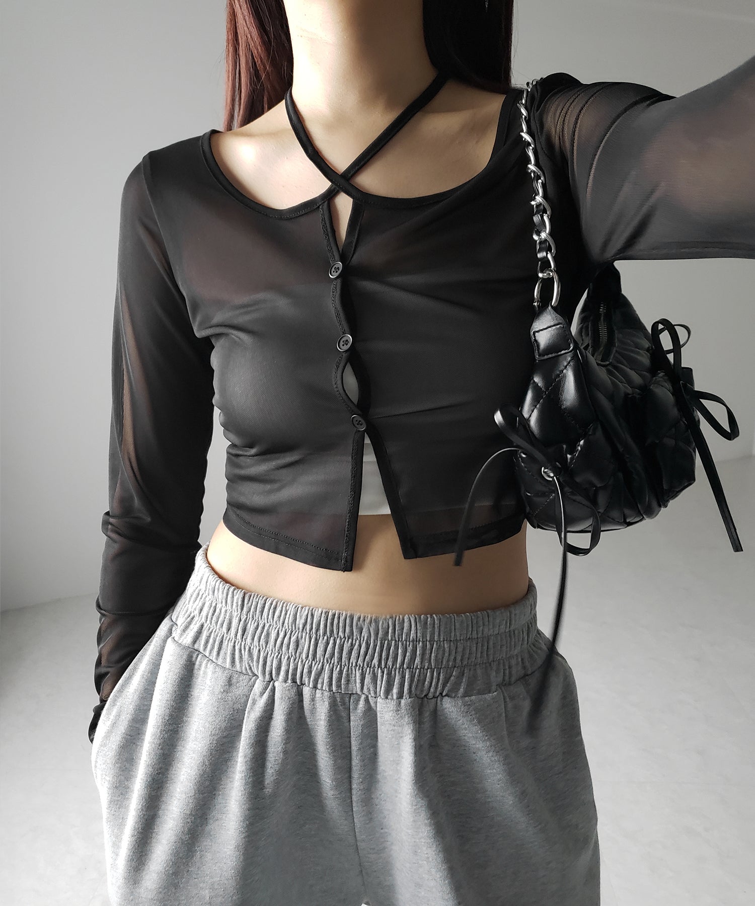 【 ３color ／ ２WAY 】クロスストラップリボンシアーショートカーディガン ／ cross strap ribbon sheer short cardigan
