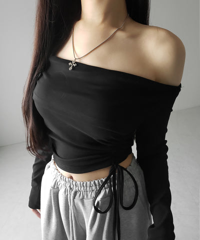 シャーリングリボンショートオフショルカットソートップス ／ shirring ribbon short off shoulder cutsew tops