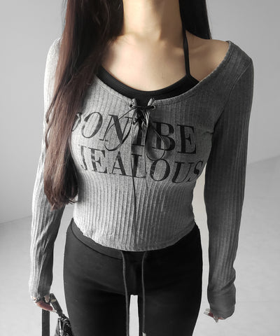 【 クロスネックにできる２WAY 】レースアップフェイクレイヤードロゴカットソートップス ／ laceup fake layered logo cutsew tops