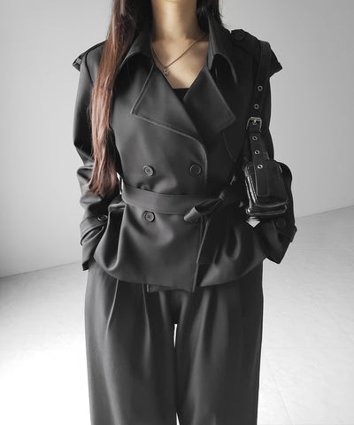 【 上下セットアップ 】ウエストマークショートトレンチコート ＋ タックワイドスラックスパンツ SETUP ／ Waist-mark short trench coat + tuck wide slacks pants