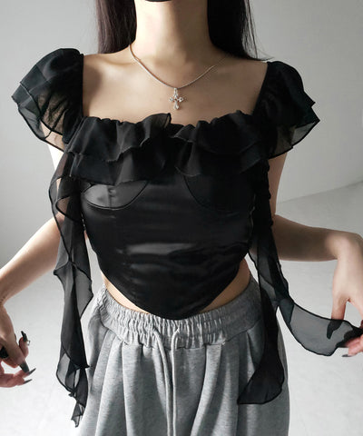 【 ２color ／ ２WAY 】シアーフリルコルセットサテンショートブラウス ／ sheer frill corset satin short blouse