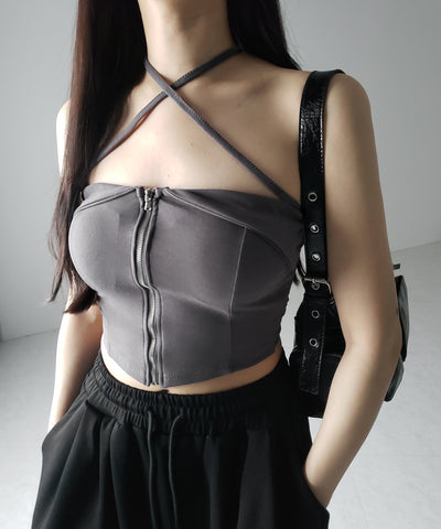 【 ２WAY／ カップ付 】ジップアップクロスストラップリボンベアトップス ／ zip up cross strap ribbon bare tops