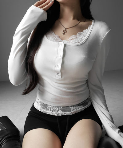 【 人気アイテムの長袖verが新登場！ 】レースレイヤードヘンリーネックスクエア長袖Ｔシャツ ／ lace layered henley neck square long sleeve T-shirt