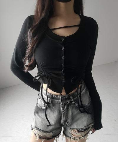 【 ２color ／ 裏起毛 】ナナメストラップダブルシャーリングリボントップス ／ naname strap double shirring ribbon tops