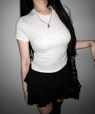 ラインストーン半袖タイトＴシャツ ／ Rhinestone short sleeve tight T-shirt