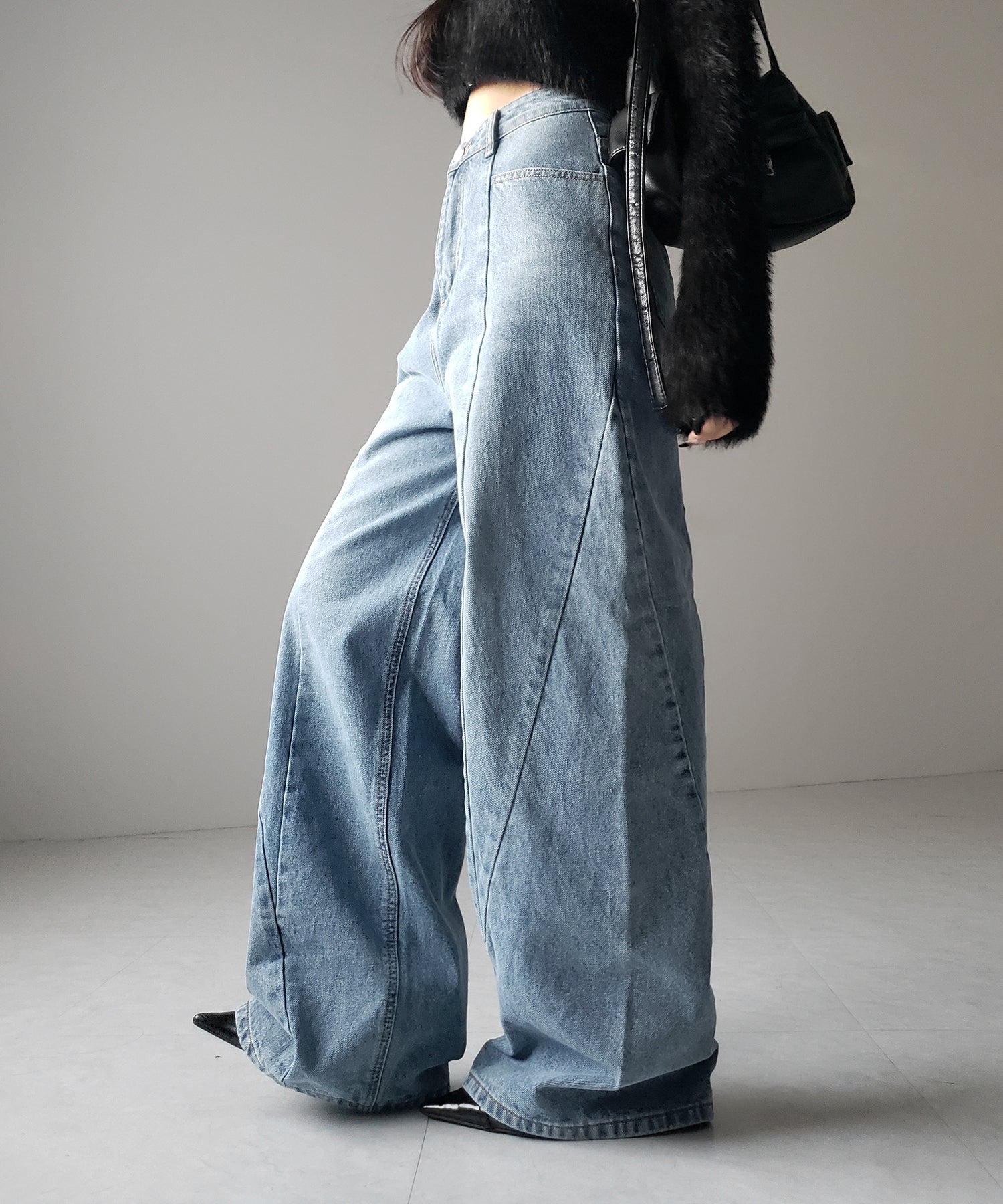 【 ３color ／ ４size 】切替パターンハイウエストワイドストレートデニム ／ kirikae pattern highwaist wide straight denim