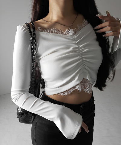 【 ２color 】レースドッキングシャーリングショートカットソートップス ／ lace docking shirring short cutsew tops