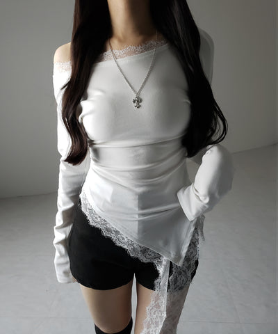 【 ２color 】ワンショルダーレースドッキングアシンメトリートップス ／ one shoulder lace docking asymmetry tops