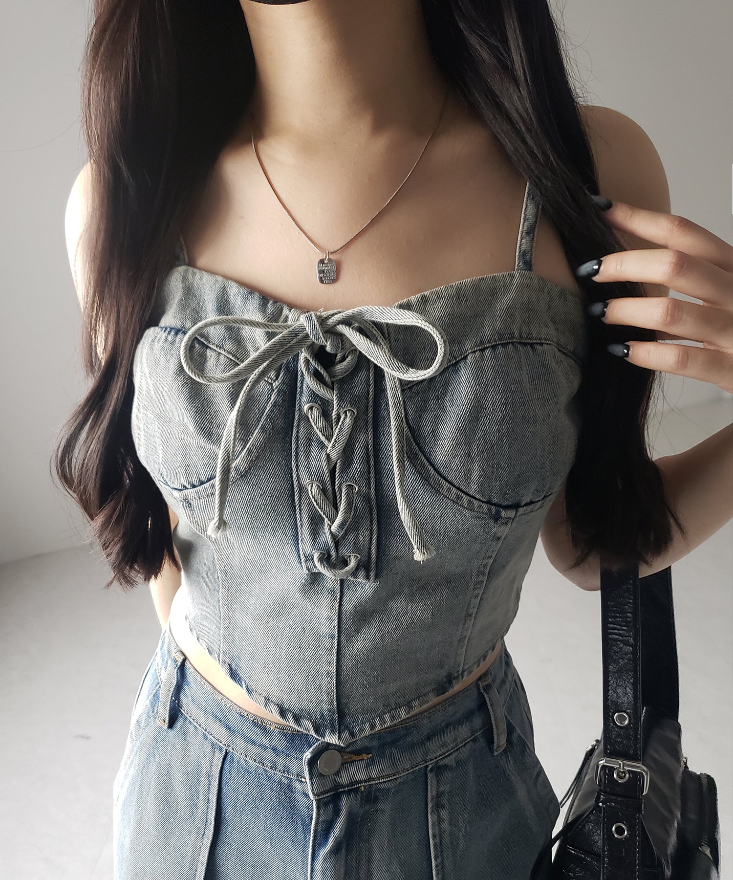 【 ２color 】レースアップリボンコルセットデニムビスチェ ／ lace up ribbon corset denim bustier