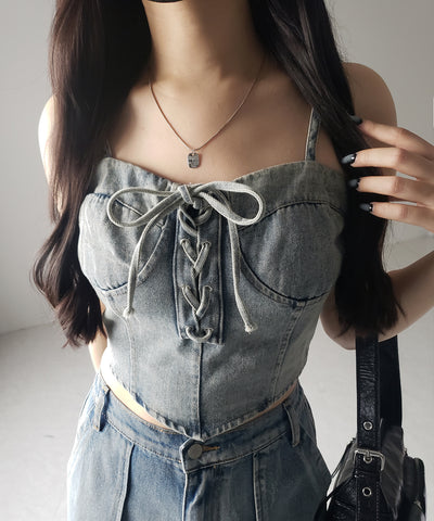 【 ２color 】レースアップリボンコルセットデニムビスチェ ／ lace up ribbon corset denim bustier