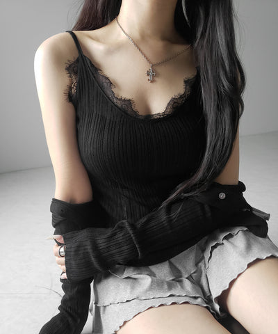 【 ２点セット 】レースニットキャミソール ＋ シアーニットカーディガン SET ／ lace knit camisole + sheer knit cardigan SET