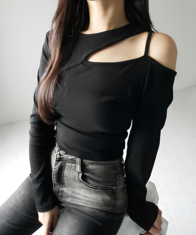 【 ３color 】ショルダーカットアウトストラップリブトップス ／ shoulder cutout strap lib tops