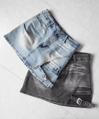 【 インパン裏地付 】カットアウトベルトストラップデニムミニスカパン ／ cutout belt strap denim mini skirt pants