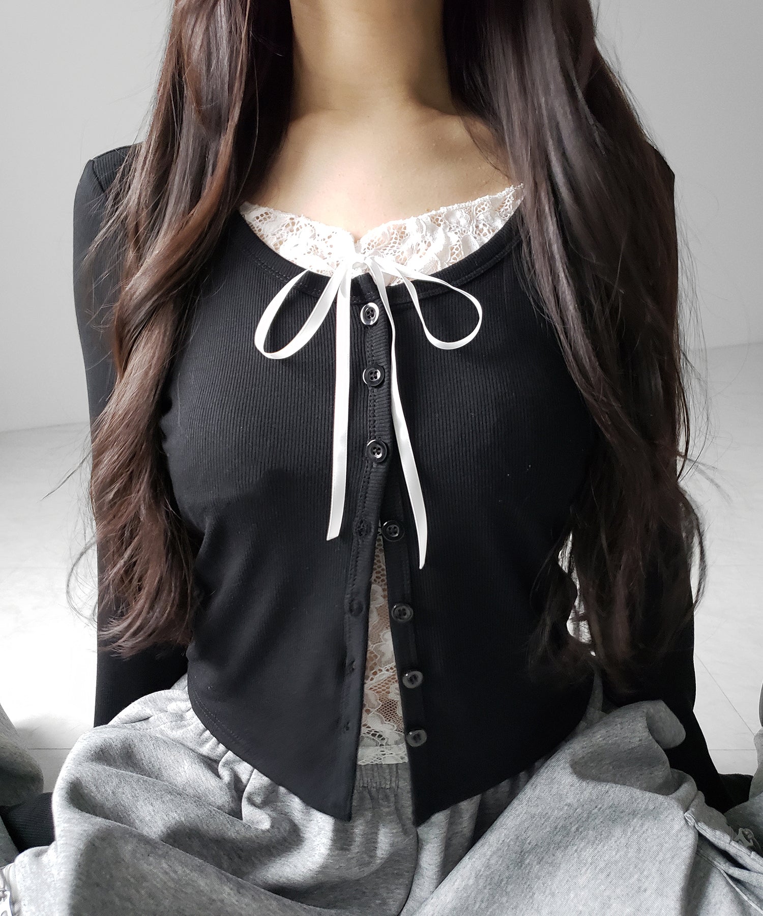 フロントリボンレースレイヤード長袖リブカーディガン ／front ribbon lace layered long-sleeve rib cardigan
