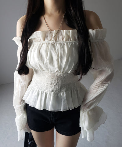 【 ２color ／ ２WAY 】ウエストシャーリングシアーフリルオフショルブラウス ／ waist shirring sheer frill off shoulder blouse