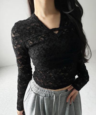 【 ２color 】Vネックスリムラインレーストップス ／ V-neck slimline lace tops