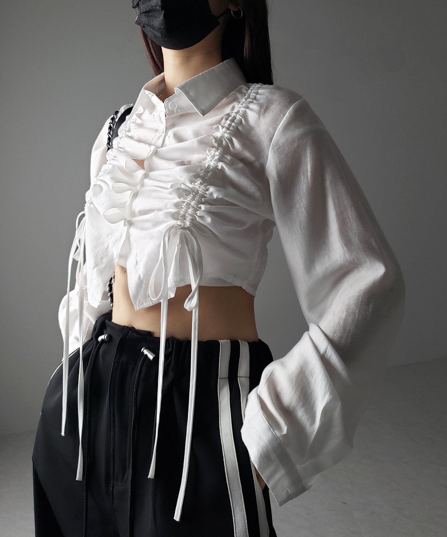 【 ３color 】ダブルリボンシャーリングショートシアーシャツ ／ double shirring ribbon short sheer shirts