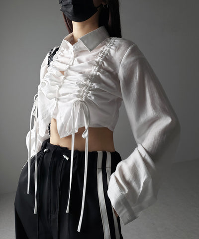 【 ３color 】ダブルリボンシャーリングショートシアーシャツ ／ double shirring ribbon short sheer shirts