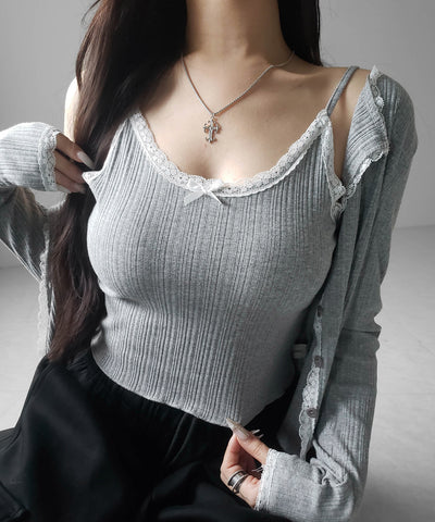 【 ２点セット 】フロントリボンレース切替リブキャミソール ＋ カーディガンセット ／front ribbon lace lib camisole + cardigan SET