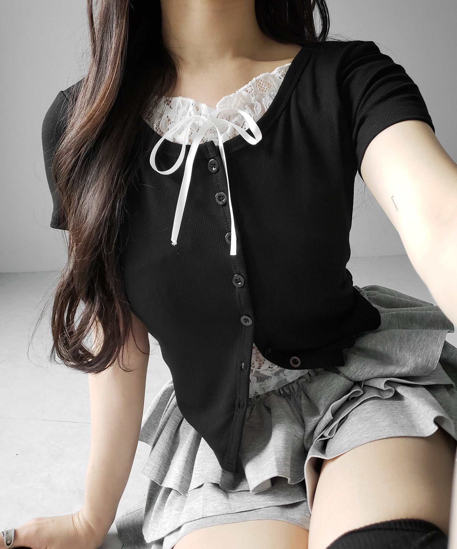 フロントリボンレースレイヤード半袖リブトップス ／front ribbon lace layered short sleeve rib tops