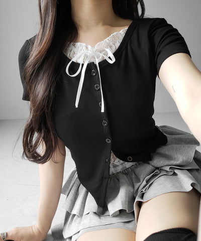 フロントリボンレースレイヤード半袖リブトップス ／front ribbon lace layered short sleeve rib tops