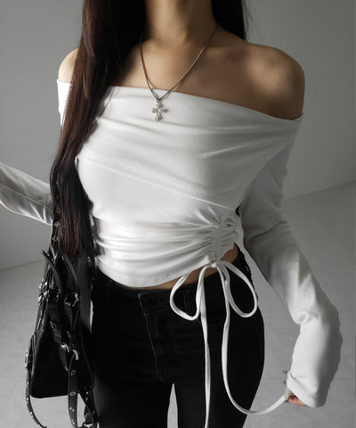 シャーリングリボンショートオフショルカットソートップス ／ shirring ribbon short off shoulder cutsew tops