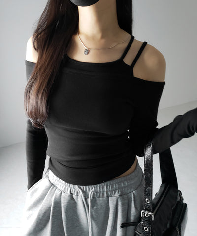 【 ２color 】レイヤードダブルストラップオフショルトップス ／ layerd double strap off shoulder tops