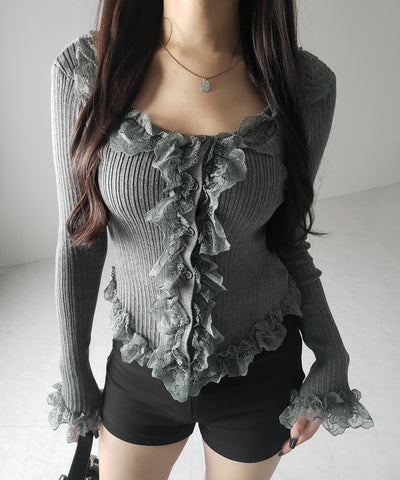 【 ３color 】レースフリルドッキングリブニットカーディガン ／ lace frill docking rib knit cardigan