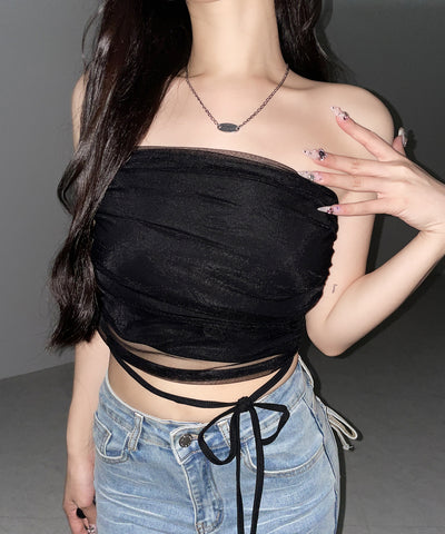 ウエストクロスチュールドッキングベアトップ ／ waist cross tulle docking bare top