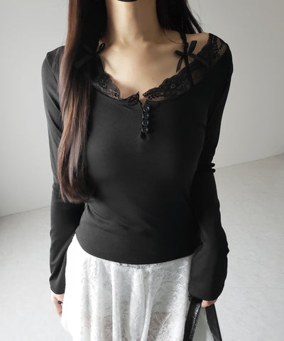 【 ２color 】ストラップダブルリボンレースカットソートップス ／ strap double ribbon lace cutsew tops