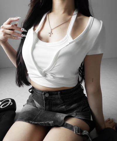 ホルターネックレイヤードショートぴちＴシャツ ／ halter neck layered short pichi T-shirts