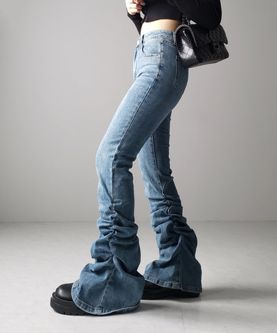 ヘムシャーリングギャザーストレッチフレアパンツ ／ Hem shirring gather stretch flare pants