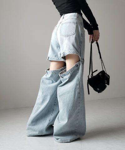 【 選べる３サイズ 】バックオープンカットアウトウォッシュワイドデニム ／ Back open cutout washed wide denim
