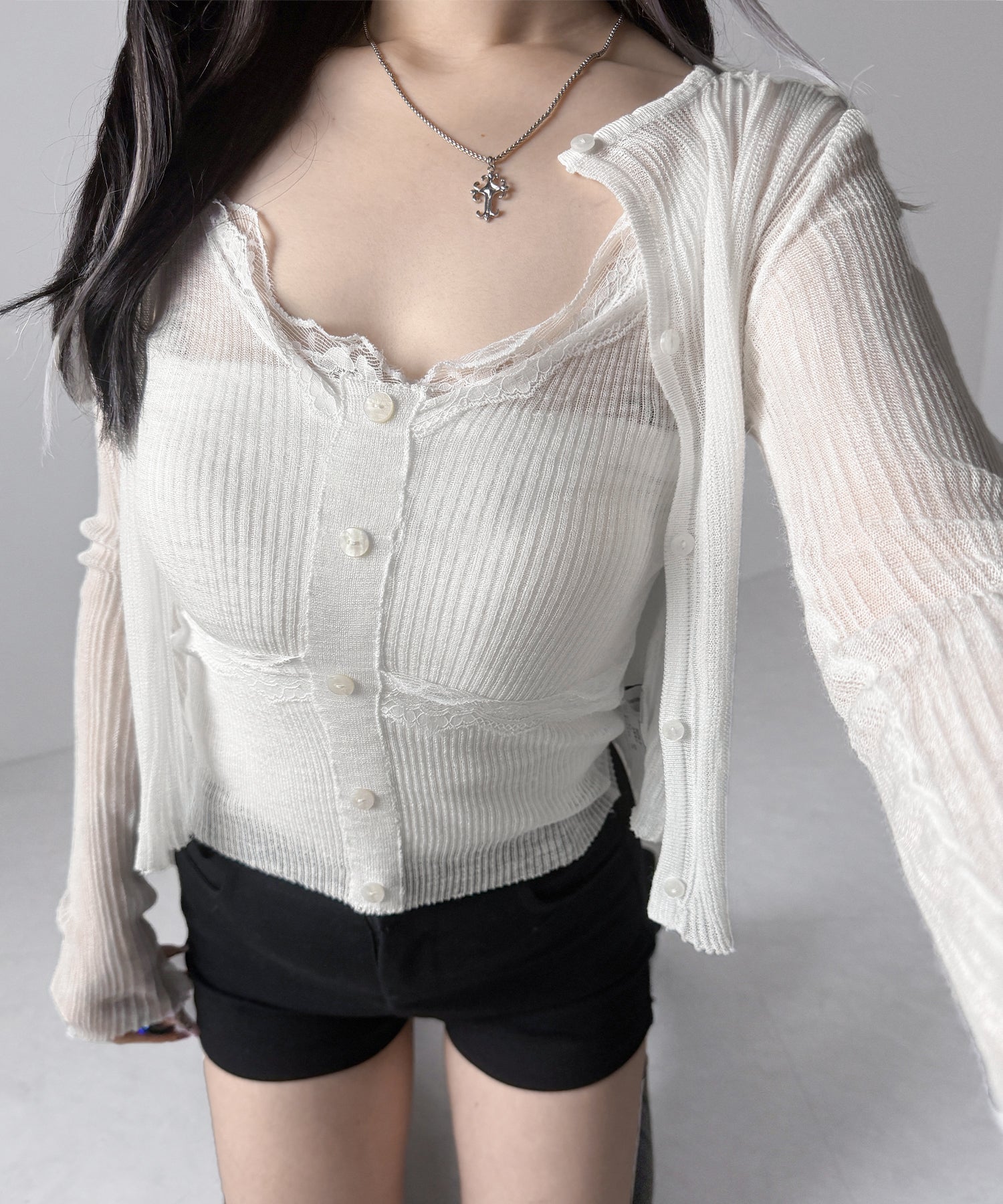 【 2点セット 】フロントレースシアーニットキャミソール ＋カーディガン SET / front lace sheer knit camisole + cardigan set