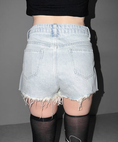 ラインストーンクラッシュダメージデニムショートパンツ／Rhinestone crash damage denim short pants