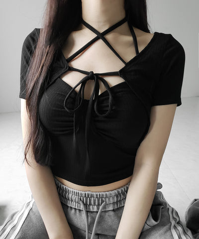 【 ２点セット 】 ２WAYストラップリブキャミソール ＋ フロントリボンショートカーディガン SET ／ 2WAY strap lib camisole + front ribbon short cardigan