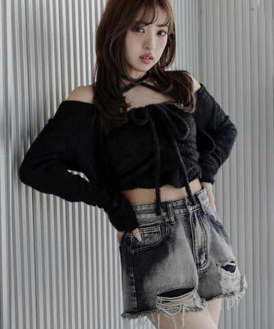 【 ２点セット 】シャギーリボンベアトップス ＆ ショートシャギーカーディガン SET ／ Shaggy ribbon bare tops & short shaggy cardigan