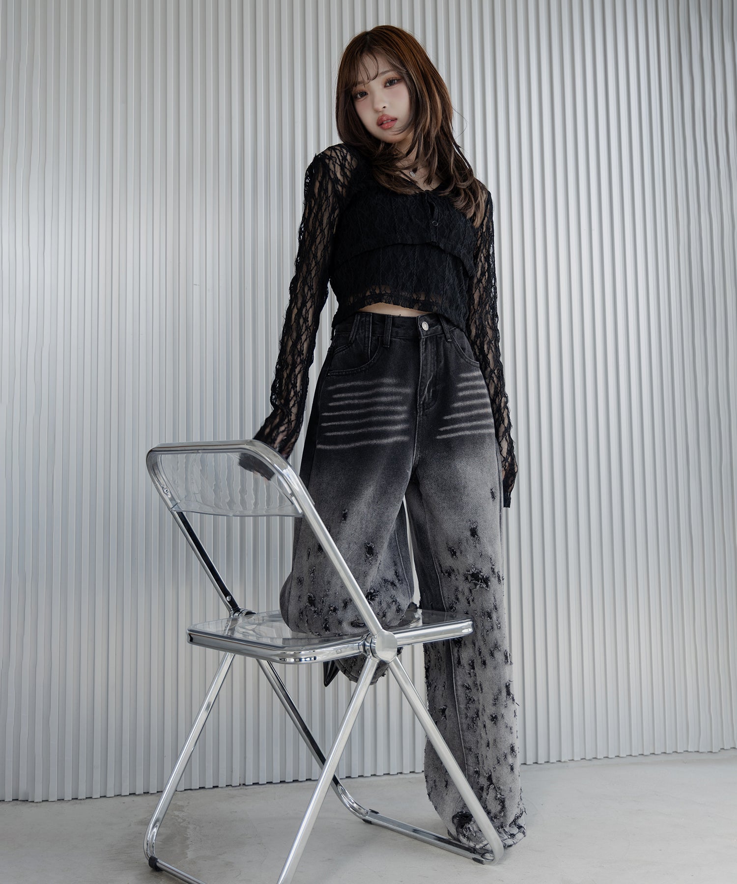 【 ２color ／ ４size 】グラデーションクラッシュダメージワイドデニムパンツ ／ gradation crash damage wide denim pants