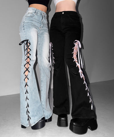 サテンリボンレースアップカットアウトストレッチフレアデニム ／ satin ribbon laceup cutout stretch flare denim
