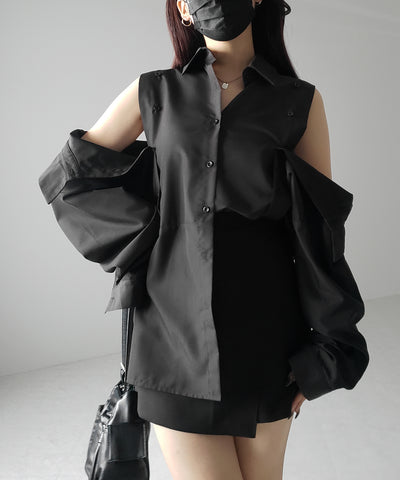 【 ３color 】オープンショルダーカットアウトビッグシャツ ／ open shoulder cutout big shirt