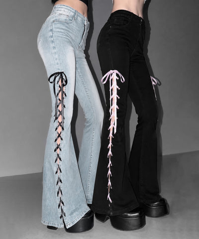 サテンリボンレースアップカットアウトストレッチフレアデニム ／ satin ribbon laceup cutout stretch flare denim